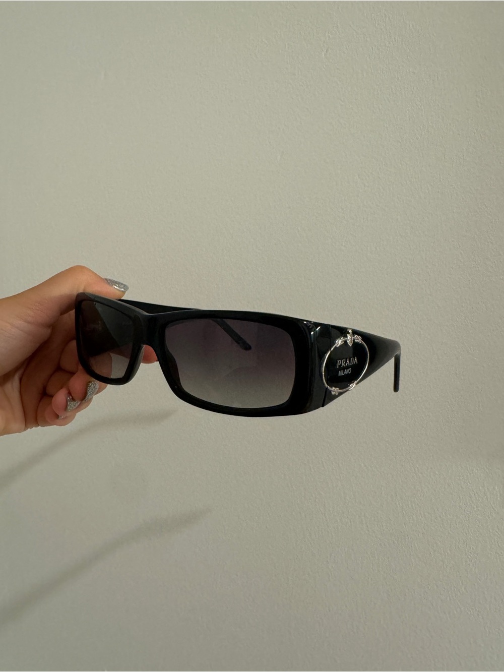 Prada Black Rectangular Logo Vintage Sunglasses with Gradient Lenses